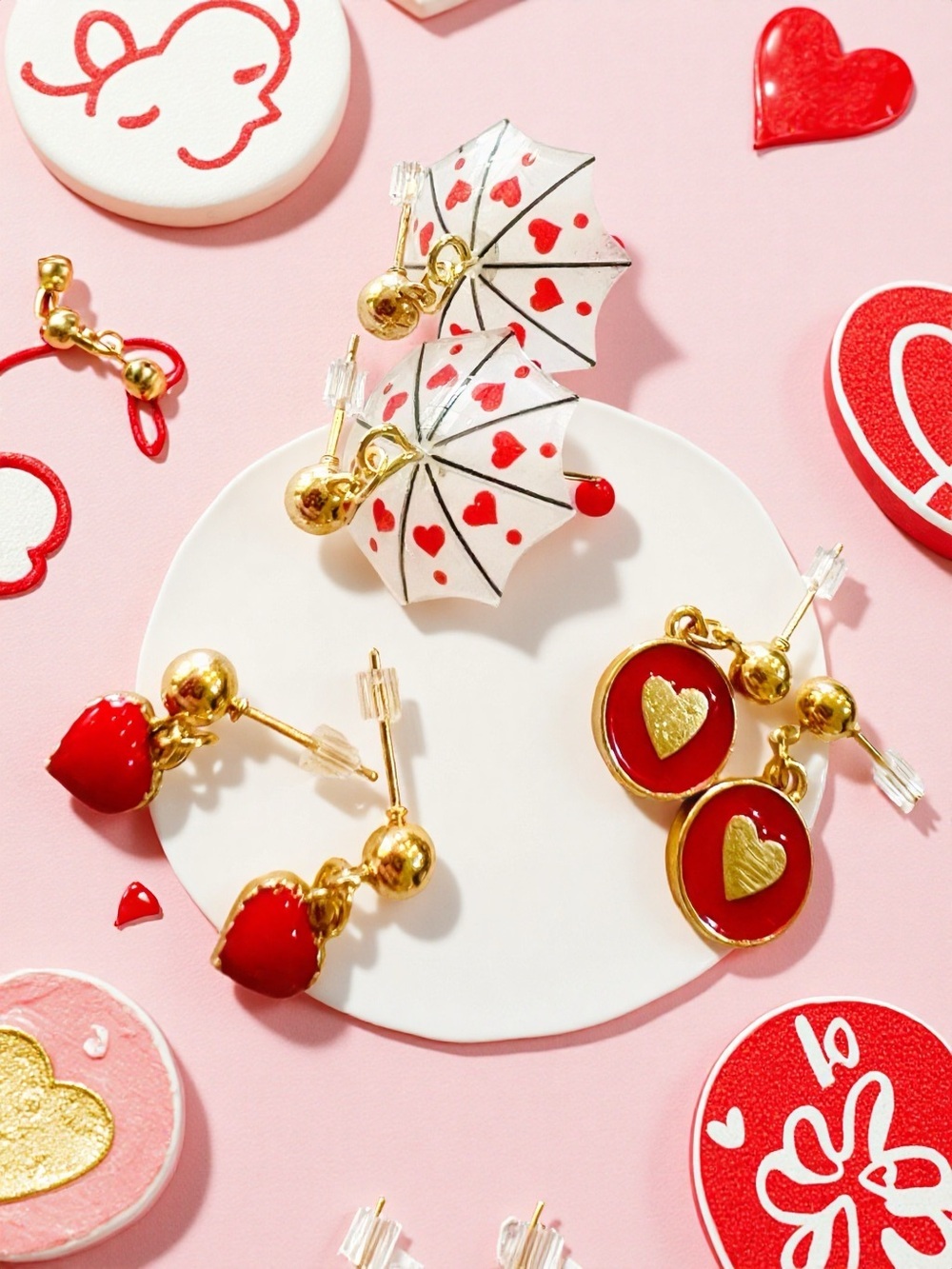 Teeny Tiny Umbrella Gold-Tone Red Hearts and Hearts Drop Earring Set of 3 - Picture 6 of 16